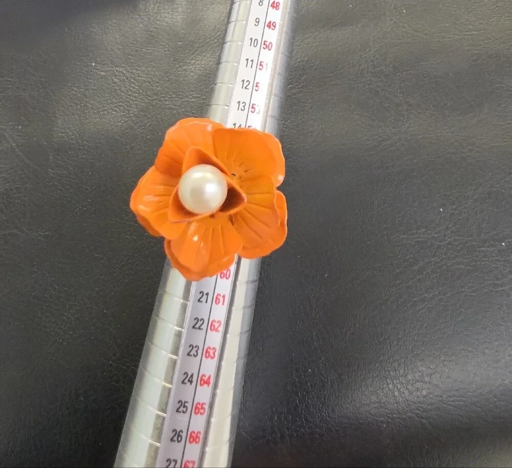 Orange Floral Pearl Center Cocktail Ring - Women Jewelry